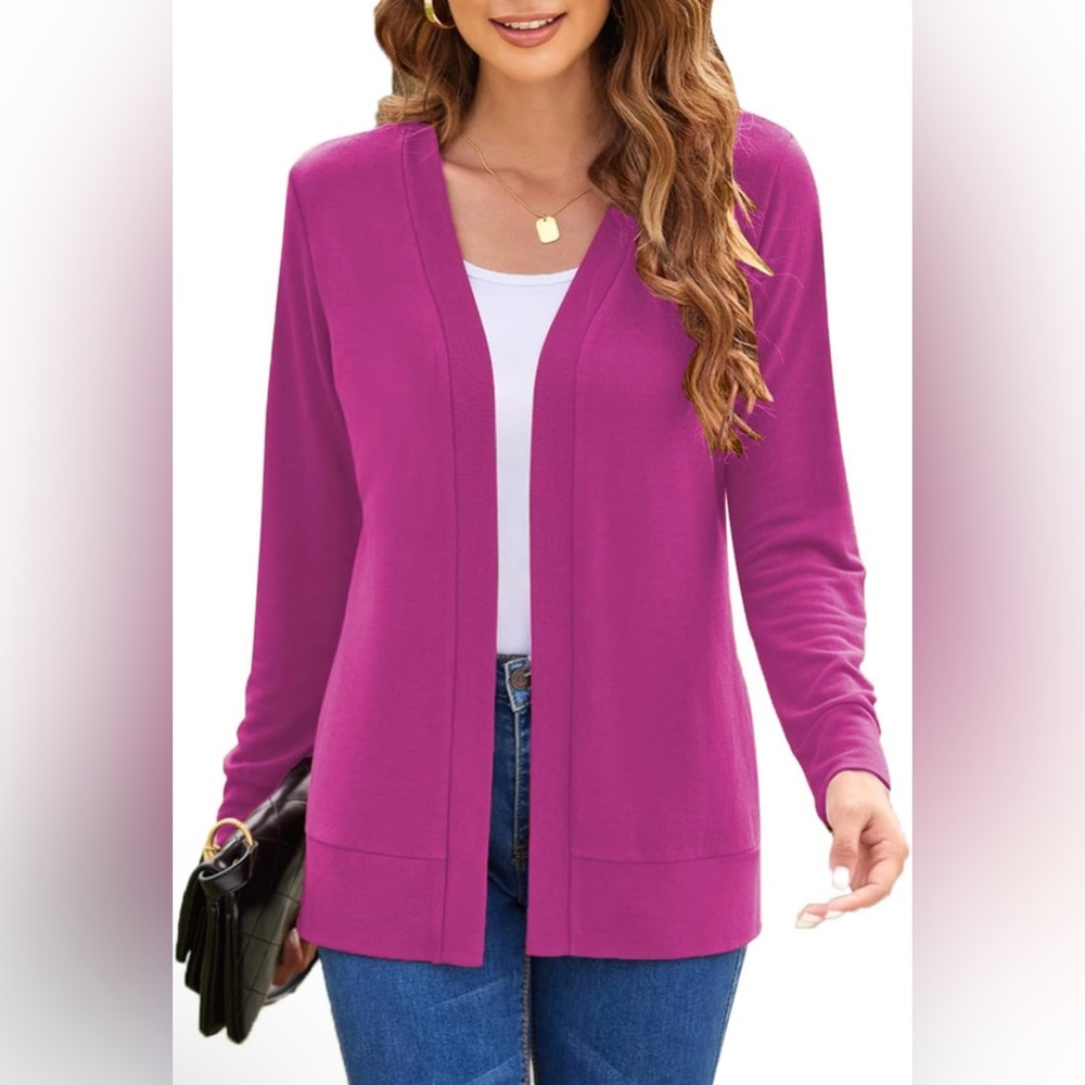 Cardigan Long Sleeve Open Front Magenta Knit Sweater No Callouts EUC Retails $32